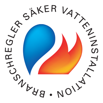 Logotyp för Auktoriserad VVS-installatör med en grafik som visar en blå vattendroppe och en orange låga som symboliserar säkert vatten och värme.