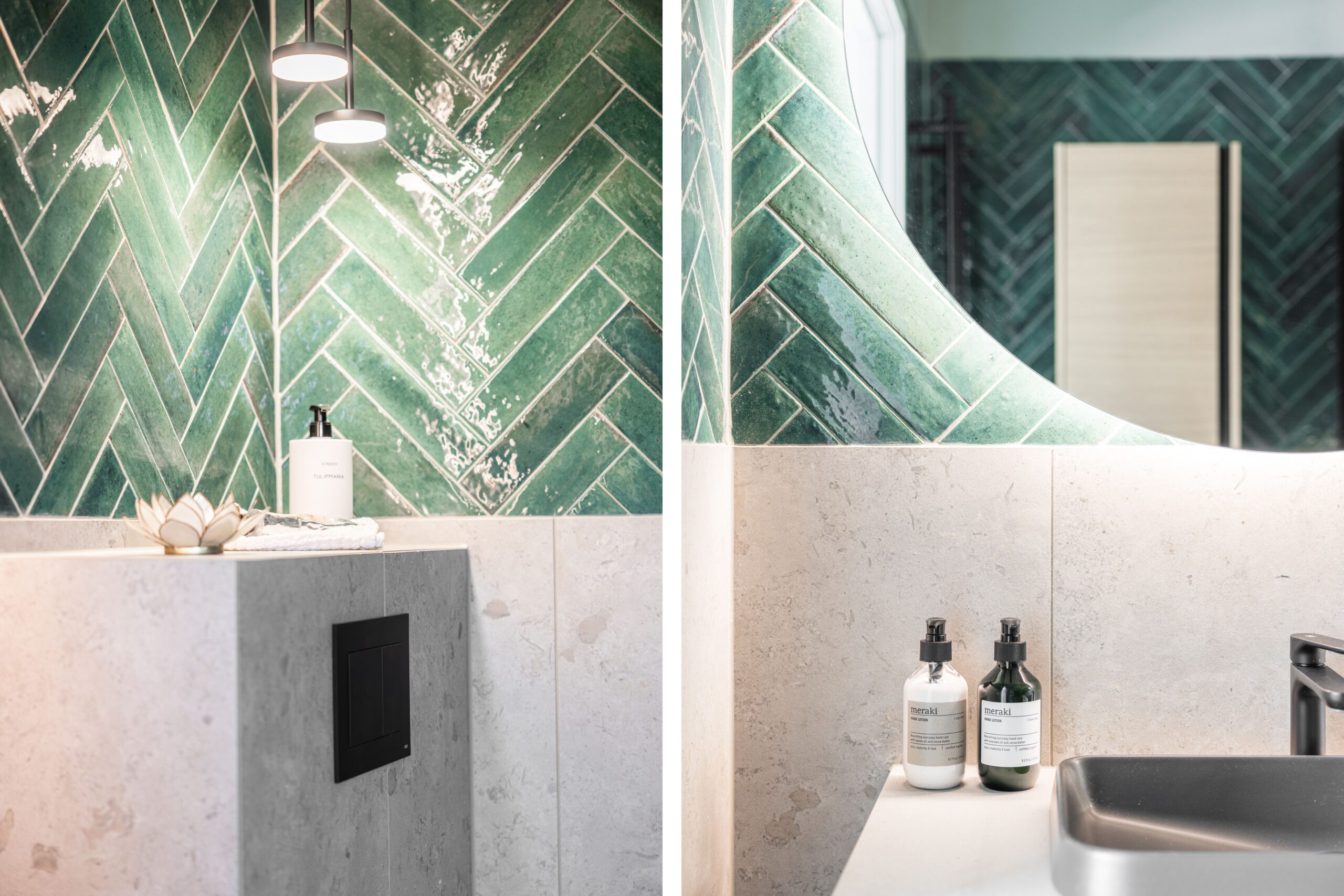 Ett uppfräschat badrum med dramatiskt grönt kakel i chevronmönster och en neutral bänkskiva som återspeglar en lyxig och samtidigt jordnära design.