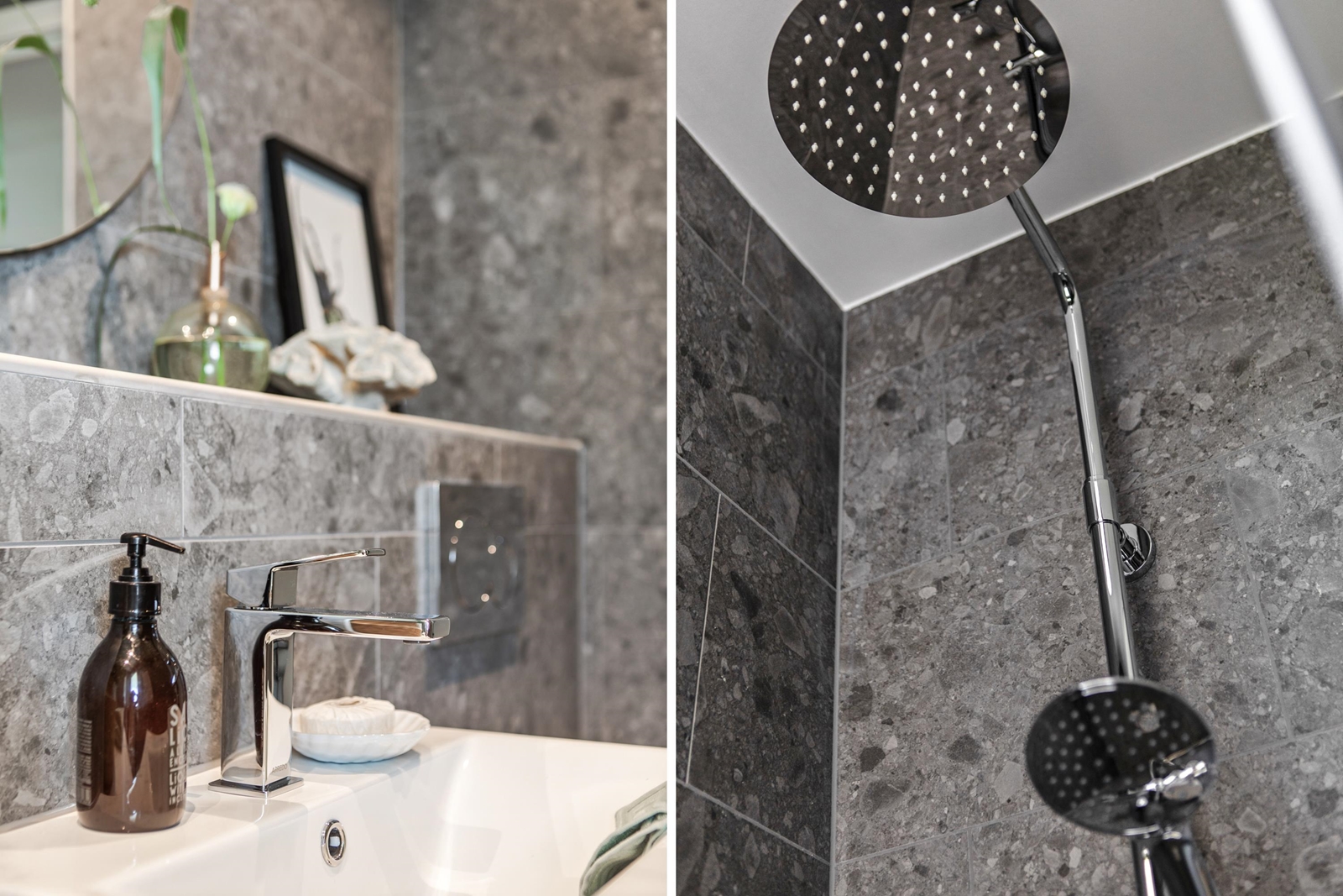 Dubbel bild som visar ett badrum med grå marmordetaljer: till vänster en handfat med modern kran och spegel, till höger en närbild av en duschmunstycke.