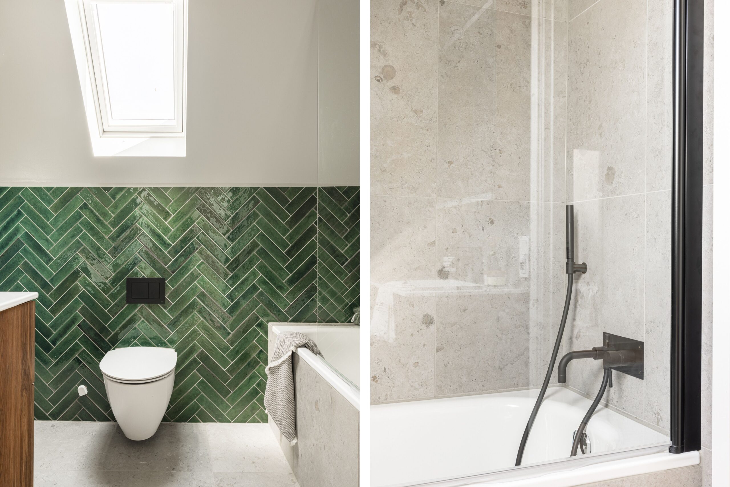 Modernt badrum med grönt kakel, betonggrå väggar, svart tvättställ och dusch